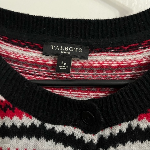 Talbots Fair Isle Lambswool Blend Button Front Cardigan Red Black Size L Petite - Picture 4 of 7